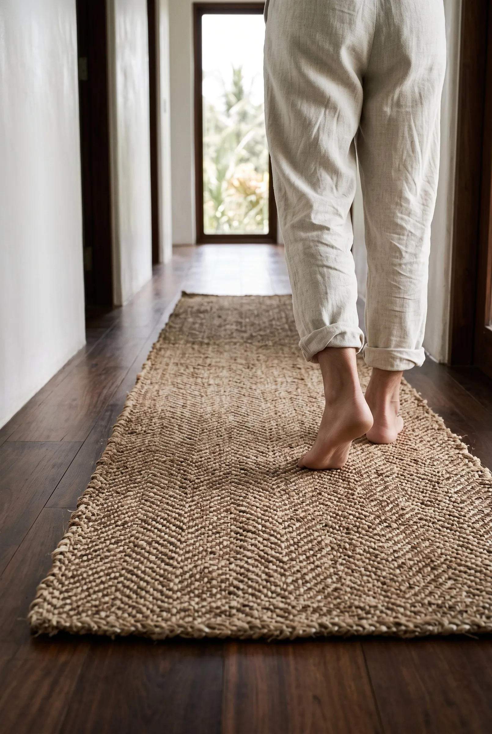 Bare feet on a herringbone abaca runner in a hallway