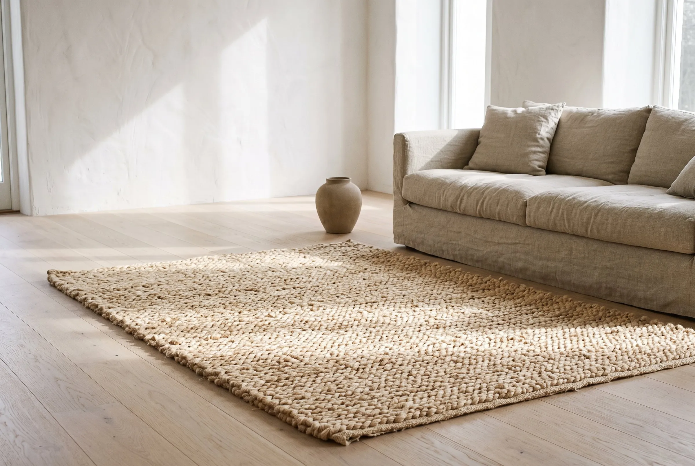 Thick weave abaca rug under a linen sofa in a sunlit living room