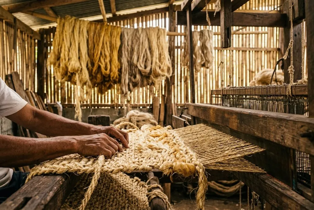 Weaver's hands pressing abaca rope into a thick weave on a wooden loom