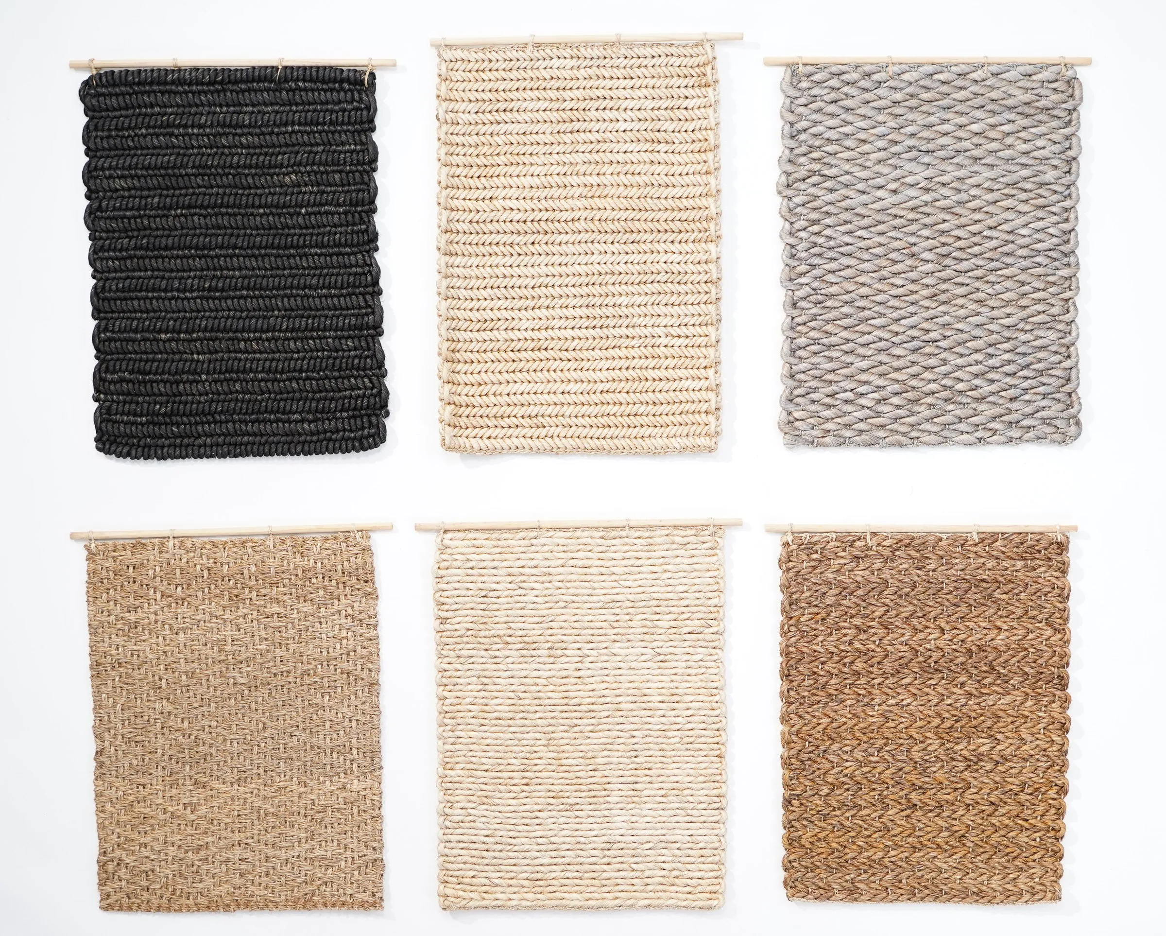 Six abaca weave samples in natural and dyed tones